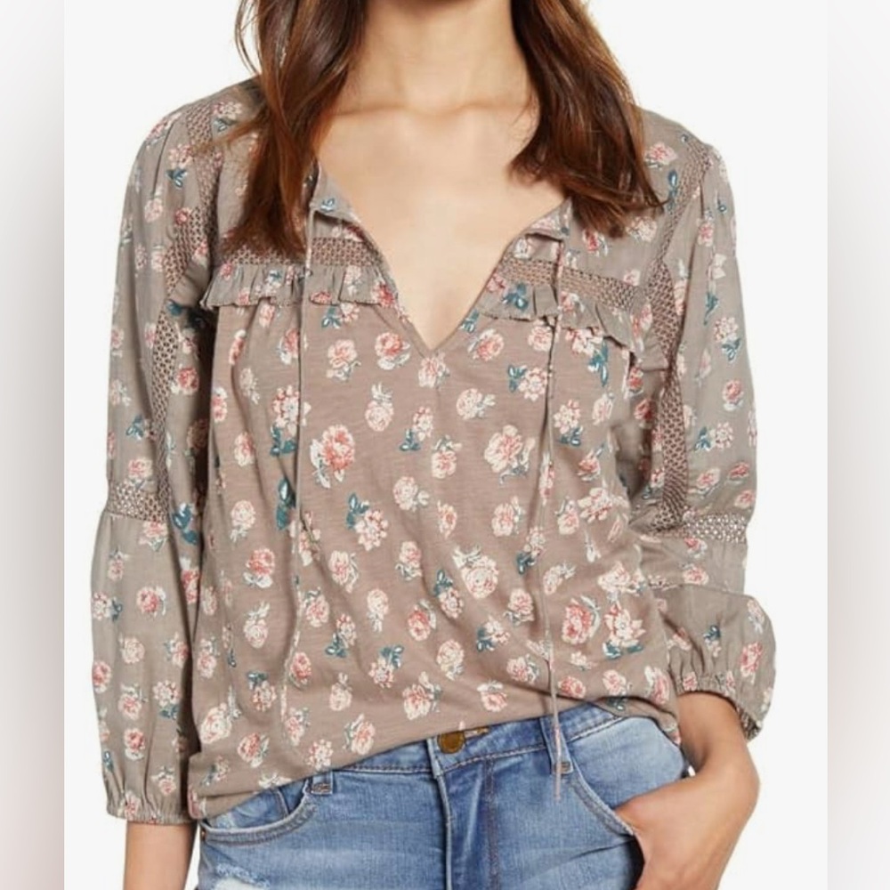Lucky Brand 3/4 Sleeve Brown Floral Print Peasant Top-Sz L